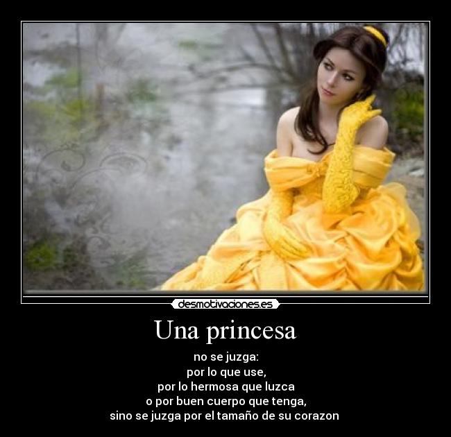 Una princesa - no se juzga:
por lo que use,
por lo hermosa que luzca
o por buen cuerpo que tenga,
sino se juzga por el tamaño de su corazon