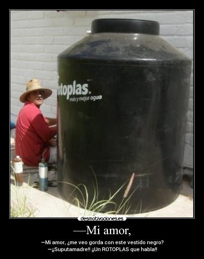 —Mi amor, - —Mi amor, ¿me veo gorda con este vestido negro?
—¡¡Suputamadre!! ¡¡Un ROTOPLAS que habla!!