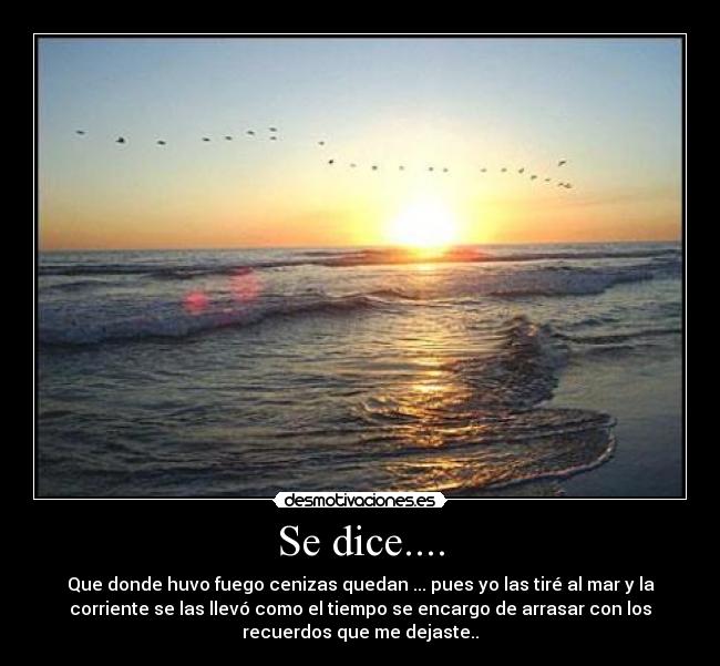 Se dice.... - Que donde huvo fuego cenizas quedan ... pues yo las tiré al mar y la
corriente se las llevó como el tiempo se encargo de arrasar con los
recuerdos que me dejaste..