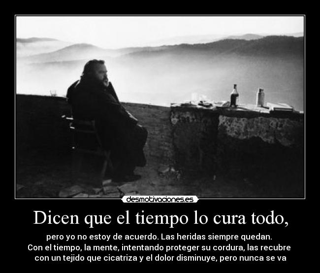 Dicen que el tiempo lo cura todo, - pero yo no estoy de acuerdo. Las heridas siempre quedan. 
Con el tiempo, la mente, intentando proteger su cordura, las recubre 
con un tejido que cicatriza y el dolor disminuye, pero nunca se va