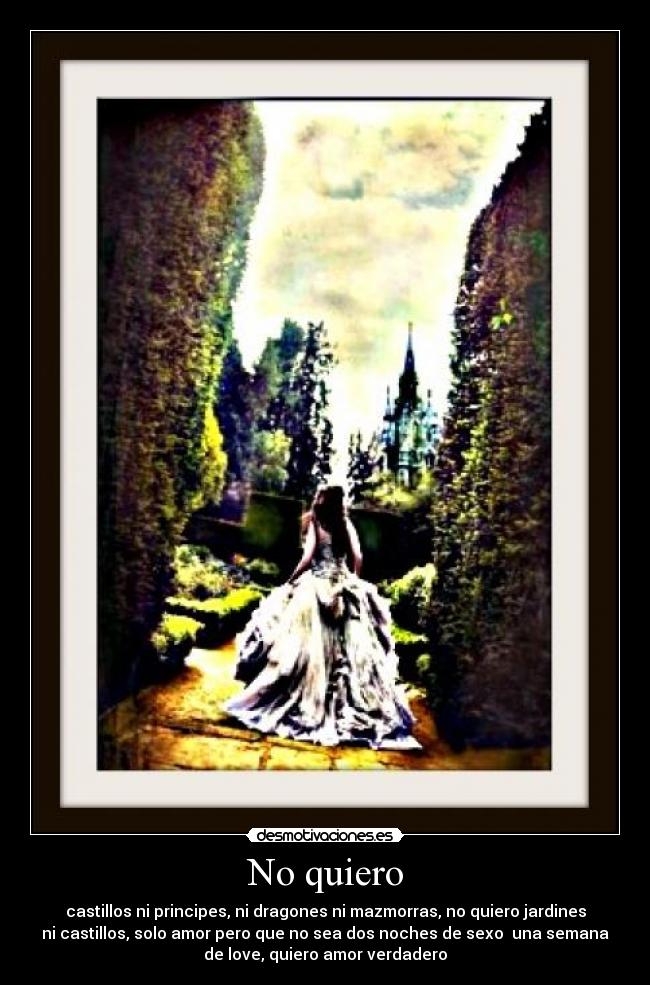 No quiero - castillos ni principes, ni dragones ni mazmorras, no quiero jardines
ni castillos, solo amor pero que no sea dos noches de sexo  una semana
de love, quiero amor verdadero