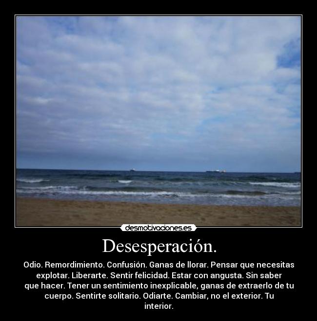 Desesperación. - Odio. Remordimiento. Confusión. Ganas de llorar. Pensar que necesitas
explotar. Liberarte. Sentir felicidad. Estar con angusta. Sin saber
que hacer. Tener un sentimiento inexplicable, ganas de extraerlo de tu
cuerpo. Sentirte solitario. Odiarte. Cambiar, no el exterior. Tu
interior.