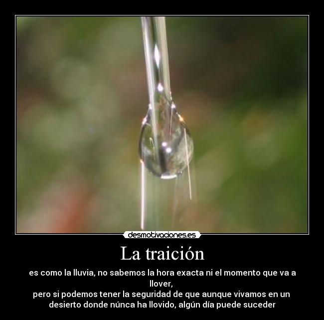 La traición - es como la lluvia, no sabemos la hora exacta ni el momento que va a llover, 
pero si podemos tener la seguridad de que aunque vivamos en un 
desierto donde núnca ha llovido, algún día puede suceder
