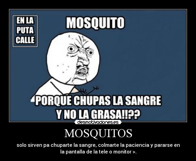 MOSQUITOS - solo sirven pa chuparte la sangre, colmarte la paciencia y pararse en
la pantalla de la tele o monitor >.