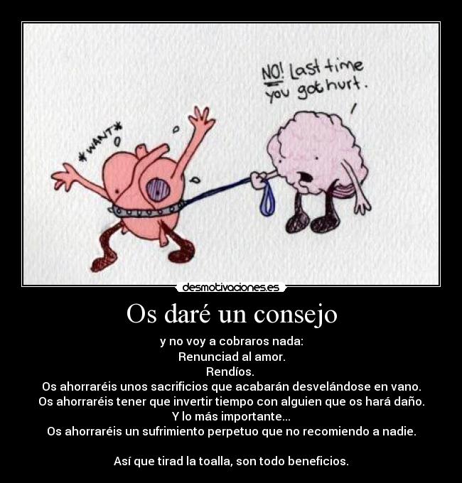 Os daré un consejo - y no voy a cobraros nada:
Renunciad al amor.
Rendíos.
Os ahorraréis unos sacrificios que acabarán desvelándose en vano.
Os ahorraréis tener que invertir tiempo con alguien que os hará daño.
Y lo más importante...
Os ahorraréis un sufrimiento perpetuo que no recomiendo a nadie.
Así que tirad la toalla, son todo beneficios.