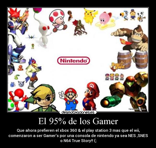 El 95% de los Gamer - Que ahora prefieren el xbox 360 & el play station 3 mas que el wii,
comenzaron a ser Gamers por una consola de nintendo ya sea NES ,SNES
o N64 True Story!! (;
