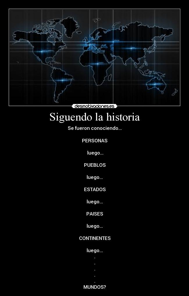 Siguendo la historia - Se fueron conociendo...
  
PERSONAS

 luego...

PUEBLOS

luego...

ESTADOS

luego...
 
PAISES

luego...

CONTINENTES

luego...
.
.
.
.
.
MUNDOS?