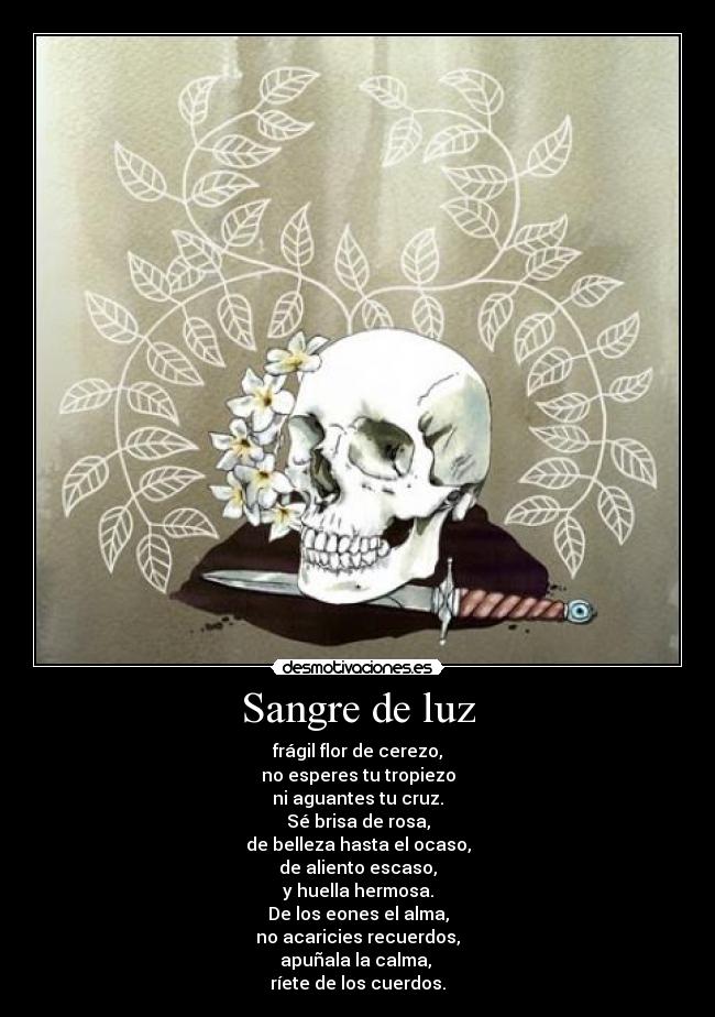 Sangre de luz - frágil flor de cerezo,
no esperes tu tropiezo
ni aguantes tu cruz.
Sé brisa de rosa,
de belleza hasta el ocaso,
de aliento escaso,
y huella hermosa.
De los eones el alma,
no acaricies recuerdos,
apuñala la calma,
ríete de los cuerdos.