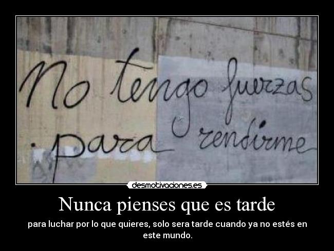Nunca pienses que es tarde - para luchar por lo que quieres, solo sera tarde cuando ya no estés en este mundo.