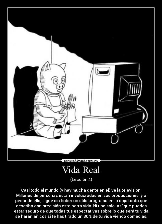 Vida Real - (Lección 4)
Casi todo el mundo (y hay mucha gente en él) ve la televisión.
Millones de personas están involucradas en sus producciones, y a
pesar de ello, sigue sin haber un sólo programa en la caja tonta que
describa con precisión esta perra vida. Ni uno solo. Así que puedes
estar seguro de que todas tus espectativas sobre lo que será tu vida
se harán añicos si te has tirado un 30% de tu vida viendo comedias.