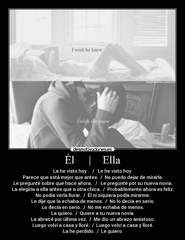 Él     |    Ella - La he visto hoy .   /   Le he visto hoy.
Parece que está mejor que antes.  /  No puedo dejar de mirarle.
Le pregunté sobre qué hace ahora.   /   Le pregunté por su nueva novia.
La elegiría a ella antes que a otra chica.  /  Probablemente ahora es feliz.
No podía verla llorar.  /  Él ni siquiera podía mirarme.
Le dije que la echaba de menos.  /  No lo decía en serio.
Lo decía en serio.  /  No me echaba de menos.
La quiero.  /  Quiere a su nueva novia.
La abracé por última vez.  /  Me dio un abrazo amistoso.
Luego volví a casa y lloré.  /  Luego volví a casa y lloré.
La he perdido.  /  Le quiero.