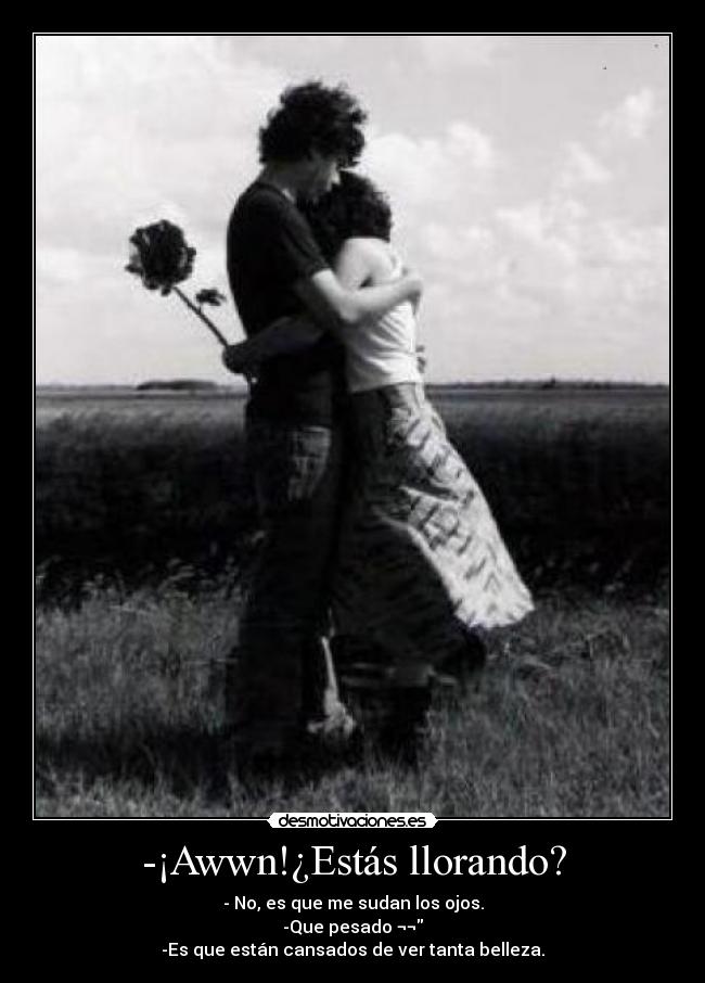 -¡Awwn!¿Estás llorando? - - No, es que me sudan los ojos.
-Que pesado ¬¬
-Es que están cansados de ver tanta belleza.