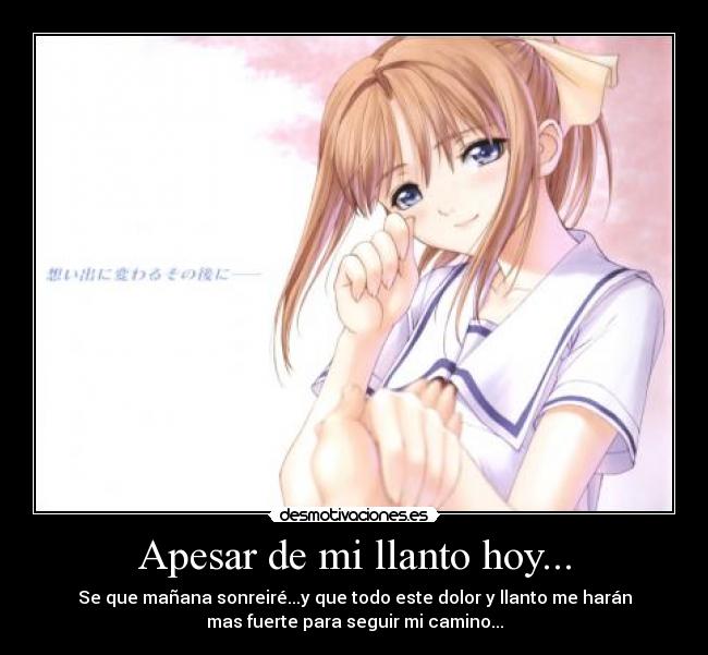 Apesar de mi llanto hoy... - Se que mañana sonreiré...y que todo este dolor y llanto me harán
mas fuerte para seguir mi camino...