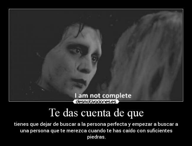 Te das cuenta de que - tienes que dejar de buscar a la persona perfecta y empezar a buscar a
una persona que te merezca cuando te has caído con suficientes
piedras.
