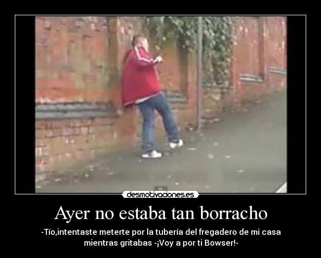 Ayer no estaba tan borracho - -Tío,intentaste meterte por la tubería del fregadero de mi casa
mientras gritabas -¡Voy a por ti Bowser!-