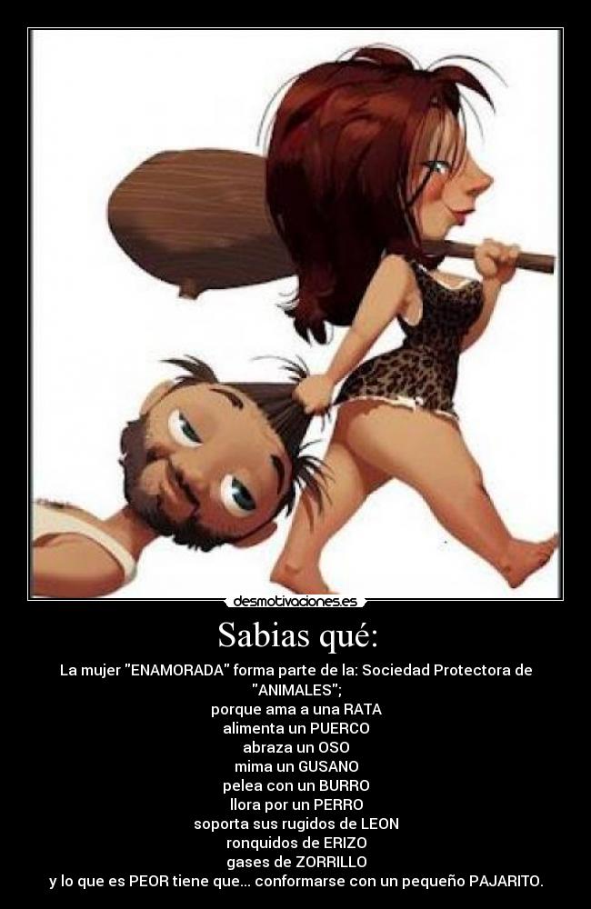 Sabias qué: - La mujer ENAMORADA forma parte de la: Sociedad Protectora de ANIMALES;
porque ama a una RATA
alimenta un PUERCO
abraza un OSO
mima un GUSANO
pelea con un BURRO
llora por un PERRO
soporta sus rugidos de LEON
ronquidos de ERIZO
gases de ZORRILLO
y lo que es PEOR tiene que... conformarse con un pequeño PAJARITO.