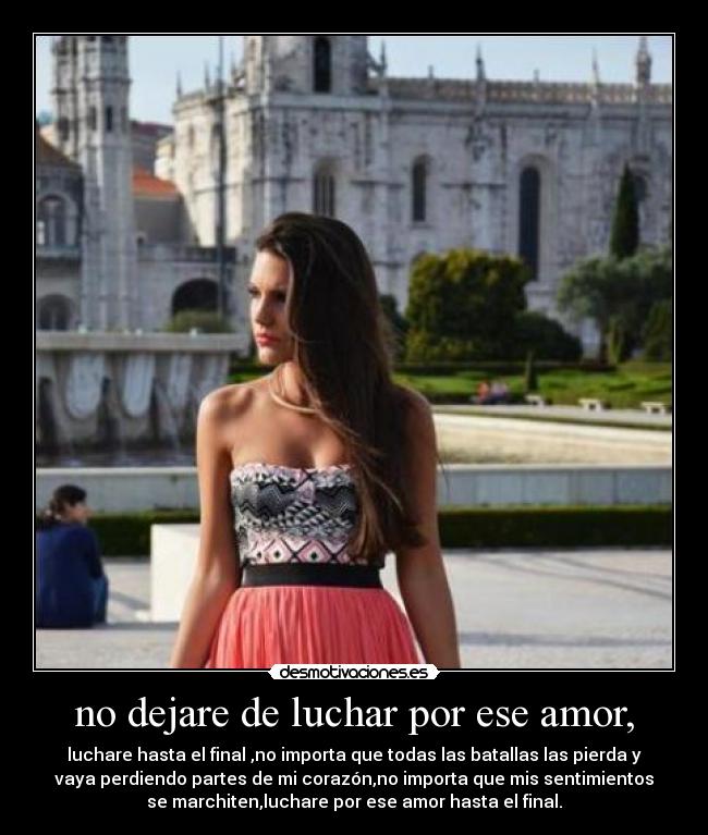 no dejare de luchar por ese amor, - luchare hasta el final ,no importa que todas las batallas las pierda y
vaya perdiendo partes de mi corazón,no importa que mis sentimientos
se marchiten,luchare por ese amor hasta el final.