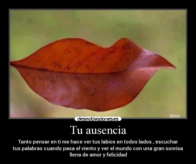Tu ausencia - Tanto pensar en ti me hace ver tus labios en todos lados , escuchar
tus palabras cuando pasa el viento y ver el mundo con una gran sonrisa
llena de amor y felicidad