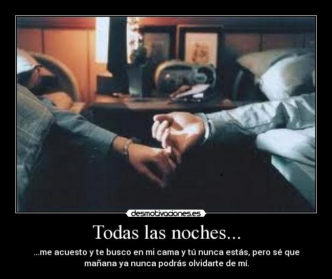 Todas las noches... - ...me acuesto y te busco en mi cama y tú nunca estás, pero sé que
mañana ya nunca podrás olvidarte de mí.