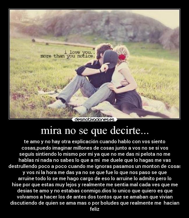 mira no se que decirte... - te amo y no hay otra explicación cuando hablo con vos siento
cosas,puedo imaginar millones de cosas junto a vos no se si vos
seguís sintiendo lo mismo por mi ya que no me das ni pelota no me
hablas ni nada no sabes lo que a mi me duele que lo hagas me vas
destrullendo poco a poco cuando me ignoras pasamos un monton de cosas
y vos ni la hora me das ya no se que fue lo que nos paso se que
arruine todo lo se me hago cargo de eso lo arruine lo admito pero lo
hise por que estas muy lejos y realmente me sentia mal cada ves que me
desias te amo y no estabas conmigo.dios lo unico que quiero es que
volvamos a hacer los de antes dos tontos que se amaban que vivian
discutiendo de quien se ama mas o por boludes que realmente me hacian
feliz