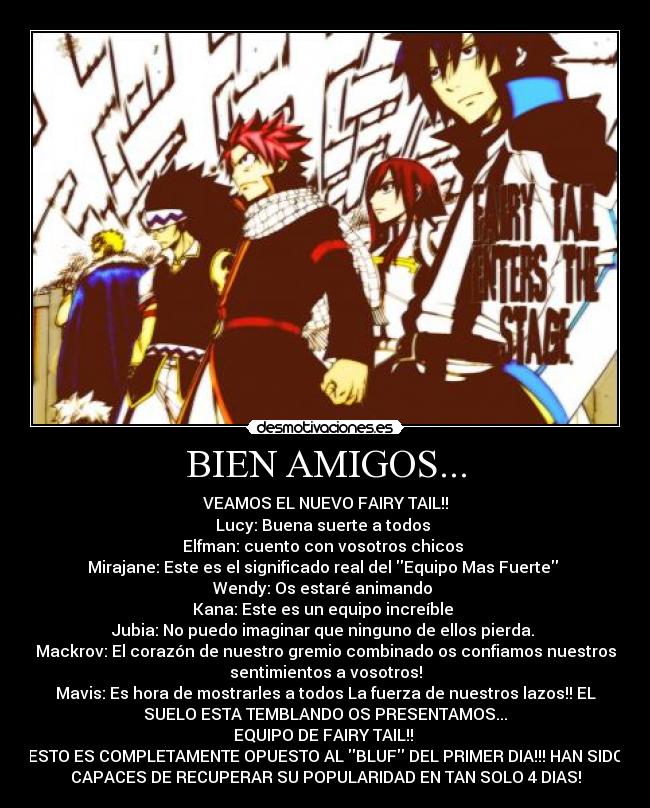 BIEN AMIGOS... - VEAMOS EL NUEVO FAIRY TAIL!!
Lucy: Buena suerte a todos 
Elfman: cuento con vosotros chicos 
Mirajane: Este es el significado real del Equipo Mas Fuerte 
Wendy: Os estaré animando 
Kana: Este es un equipo increíble 
Jubia: No puedo imaginar que ninguno de ellos pierda. 
Mackrov: El corazón de nuestro gremio combinado os confiamos nuestros
sentimientos a vosotros!
Mavis: Es hora de mostrarles a todos La fuerza de nuestros lazos!! EL
SUELO ESTA TEMBLANDO OS PRESENTAMOS...
EQUIPO DE FAIRY TAIL!! 
ESTO ES COMPLETAMENTE OPUESTO AL BLUF DEL PRIMER DIA!!! HAN SIDO
CAPACES DE RECUPERAR SU POPULARIDAD EN TAN SOLO 4 DIAS!