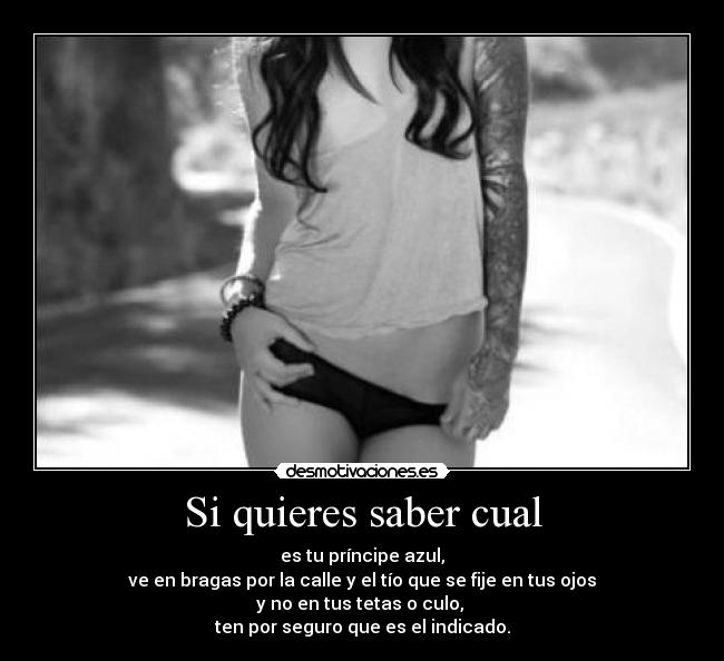 Si quieres saber cual - es tu príncipe azul,
ve en bragas por la calle y el tío que se fije en tus ojos
y no en tus tetas o culo,
ten por seguro que es el indicado.