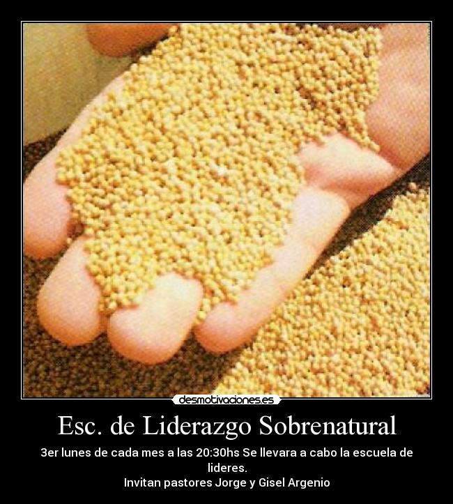 Esc. de Liderazgo Sobrenatural - 3er lunes de cada mes a las 20:30hs Se llevara a cabo la escuela de lideres.
Invitan pastores Jorge y Gisel Argenio