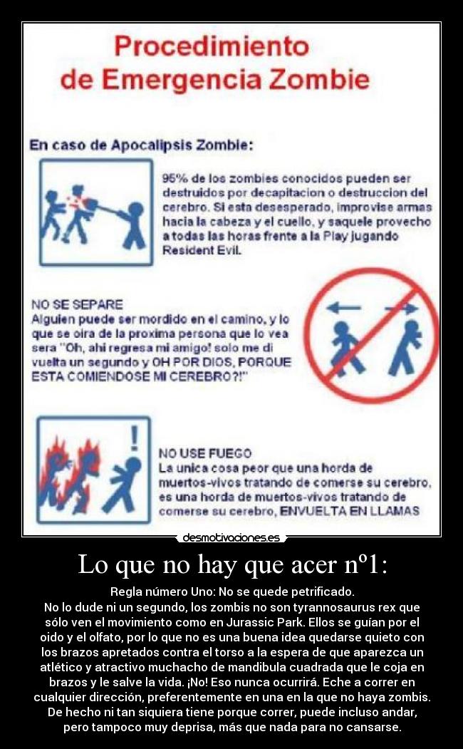 Lo que no hay que acer nº1: - Regla número Uno: No se quede petrificado.
No lo dude ni un segundo, los zombis no son tyrannosaurus rex que
sólo ven el movimiento como en Jurassic Park. Ellos se guían por el
oido y el olfato, por lo que no es una buena idea quedarse quieto con
los brazos apretados contra el torso a la espera de que aparezca un
atlético y atractivo muchacho de mandibula cuadrada que le coja en
brazos y le salve la vida. ¡No! Eso nunca ocurrirá. Eche a correr en
cualquier dirección, preferentemente en una en la que no haya zombis.
De hecho ni tan siquiera tiene porque correr, puede incluso andar,
pero tampoco muy deprisa, más que nada para no cansarse.