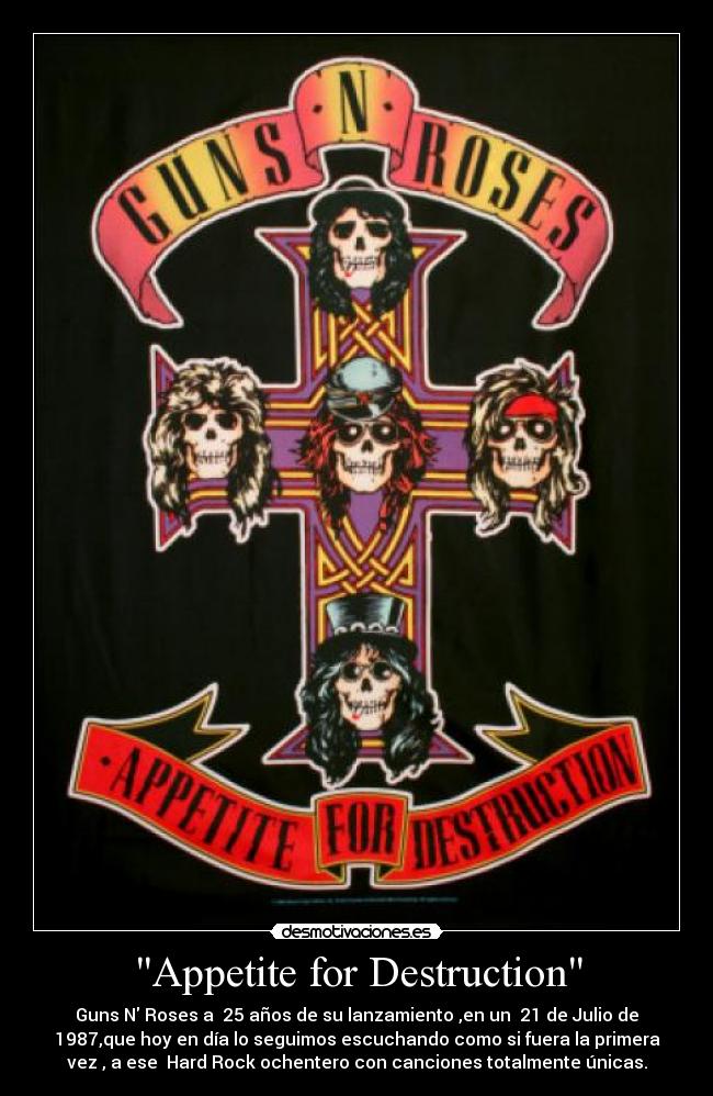 Appetite for Destruction - Guns N Roses a  25 años de su lanzamiento ,en un  21 de Julio de
1987,que hoy en día lo seguimos escuchando como si fuera la primera
vez , a ese  Hard Rock ochentero con canciones totalmente únicas.