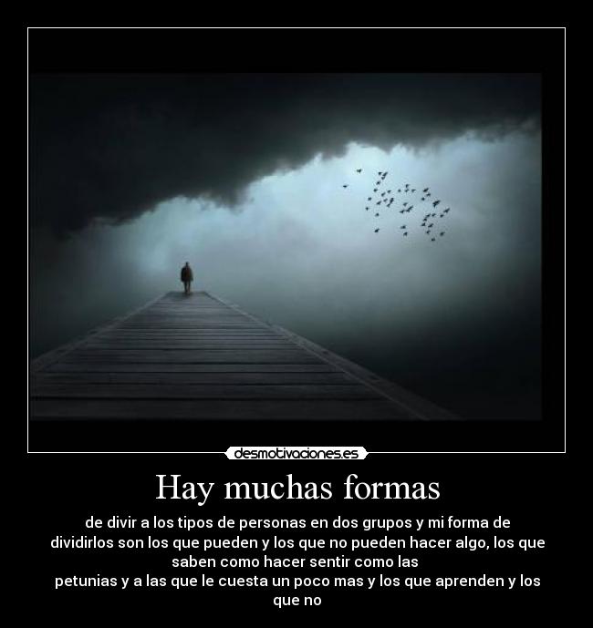 Hay muchas formas - de divir a los tipos de personas en dos grupos y mi forma de
dividirlos son los que pueden y los que no pueden hacer algo, los que
saben como hacer sentir como las
petunias y a las que le cuesta un poco mas y los que aprenden y los
que no