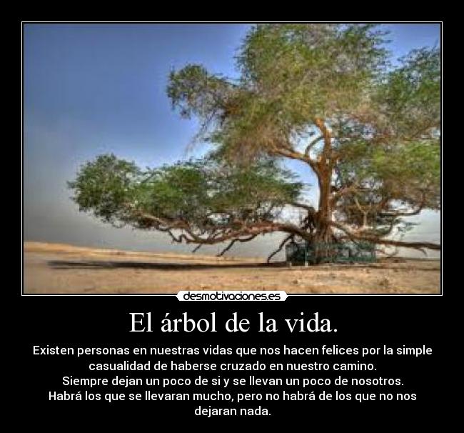 El árbol de la vida. - Existen personas en nuestras vidas que nos hacen felices por la simple
casualidad de haberse cruzado en nuestro camino.
Siempre dejan un poco de si y se llevan un poco de nosotros.
Habrá los que se llevaran mucho, pero no habrá de los que no nos
dejaran nada.