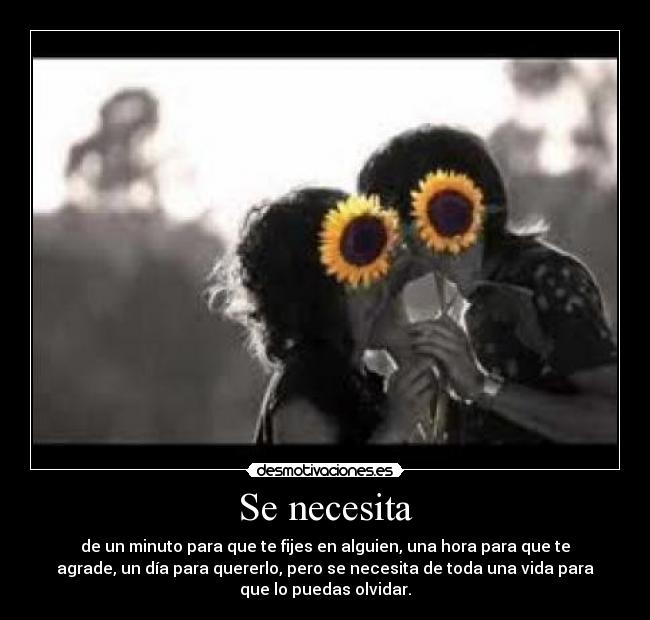 Se necesita - de un minuto para que te fijes en alguien, una hora para que te
agrade, un día para quererlo, pero se necesita de toda una vida para
que lo puedas olvidar.
