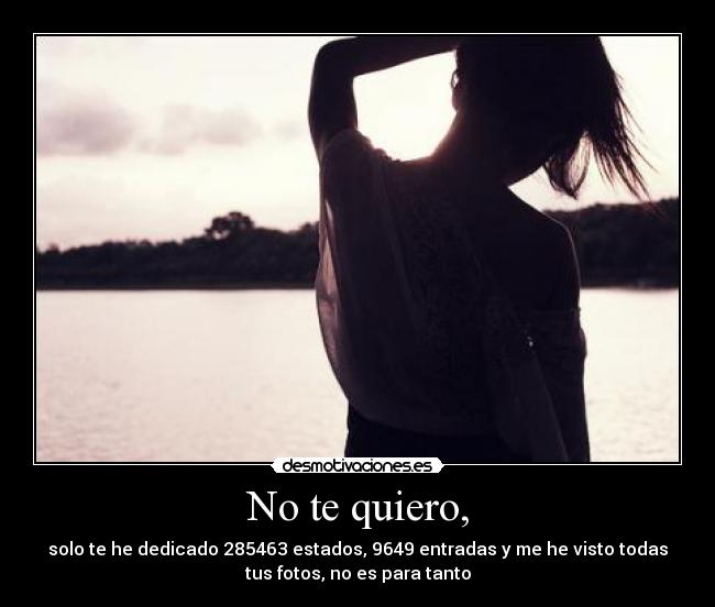No te quiero, - solo te he dedicado 285463 estados, 9649 entradas y me he visto todas
tus fotos, no es para tanto