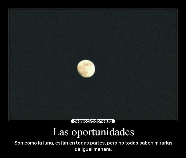 Las oportunidades - Son como la luna, están en todas partes, pero no todos saben mirarlas
de igual manera.