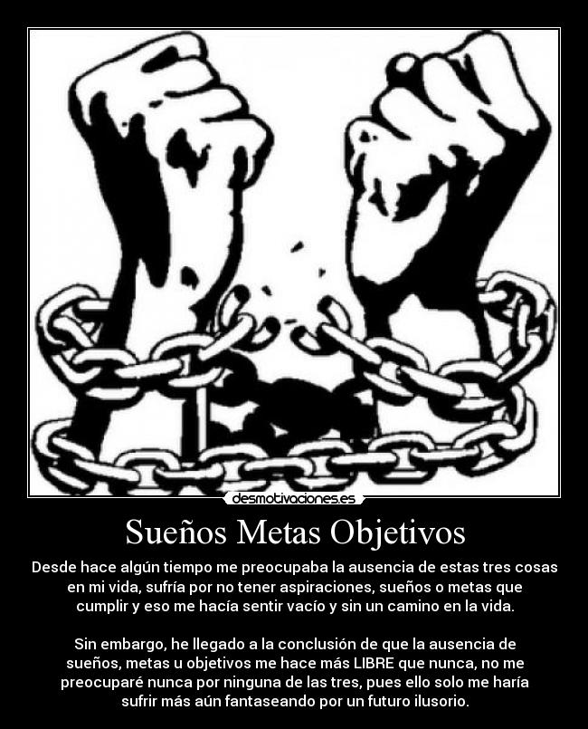 Sueños Metas Objetivos - Desde hace algún tiempo me preocupaba la ausencia de estas tres cosas
en mi vida, sufría por no tener aspiraciones, sueños o metas que
cumplir y eso me hacía sentir vacío y sin un camino en la vida.
Sin embargo, he llegado a la conclusión de que la ausencia de
sueños, metas u objetivos me hace más LIBRE que nunca, no me
preocuparé nunca por ninguna de las tres, pues ello solo me haría
sufrir más aún fantaseando por un futuro ilusorio.