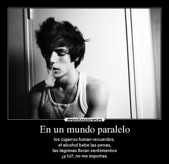 En un mundo paralelo - los cigarros fuman recuerdos, 
el alcohol bebe las penas,
las lágrimas lloran sentimientos
¿y tú?, no me importas.