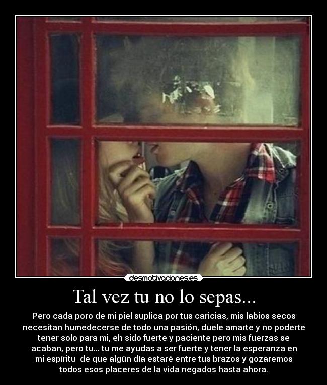 Tal vez tu no lo sepas... - Pero cada poro de mi piel suplica por tus caricias, mis labios secos
necesitan humedecerse de todo una pasión, duele amarte y no poderte
tener solo para mi, eh sido fuerte y paciente pero mis fuerzas se
acaban, pero tu… tu me ayudas a ser fuerte y tener la esperanza en
mi espíritu  de que algún día estaré entre tus brazos y gozaremos
todos esos placeres de la vida negados hasta ahora.