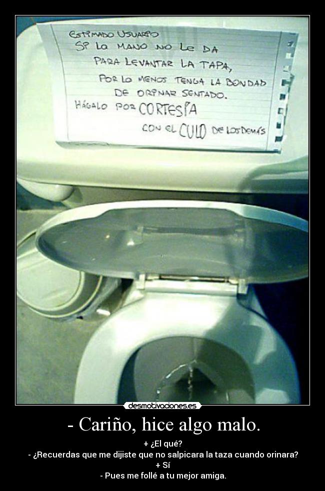 - Cariño, hice algo malo. - + ¿El qué?
- ¿Recuerdas que me dijiste que no salpicara la taza cuando orinara?
+ Sí
- Pues me follé a tu mejor amiga.