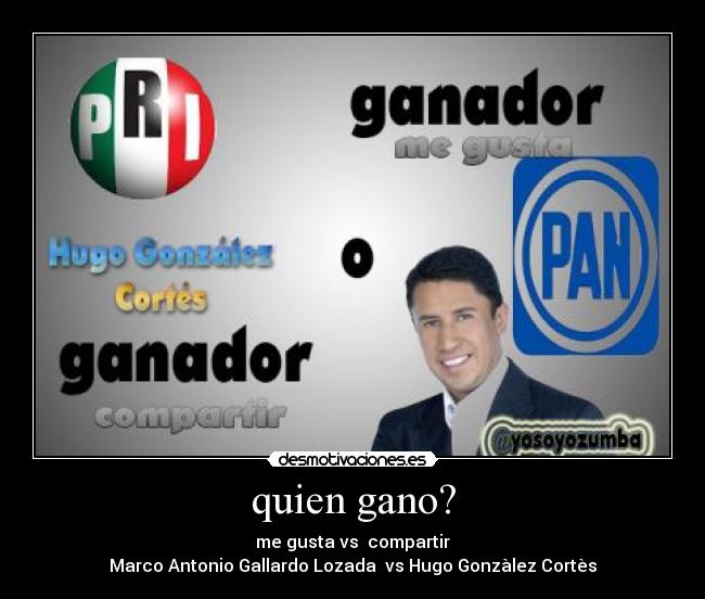 quien gano? - me gusta vs compartir
Marco Antonio Gallardo Lozada vs Hugo Gonzàlez Cortès