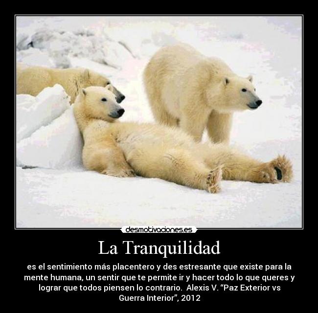 La Tranquilidad - es el sentimiento más placentero y des estresante que existe para la
mente humana, un sentir que te permite ir y hacer todo lo que queres y
lograr que todos piensen lo contrario. Alexis V. “Paz Exterior vs
Guerra Interior”, 2012