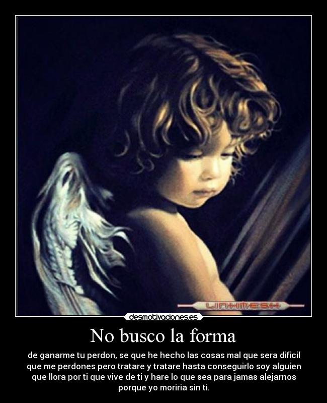 No busco la forma - de ganarme tu perdon, se que he hecho las cosas mal que sera dificil
que me perdones pero tratare y tratare hasta conseguirlo soy alguien
que llora por ti que vive de ti y hare lo que sea para jamas alejarnos
porque yo moriria sin ti.