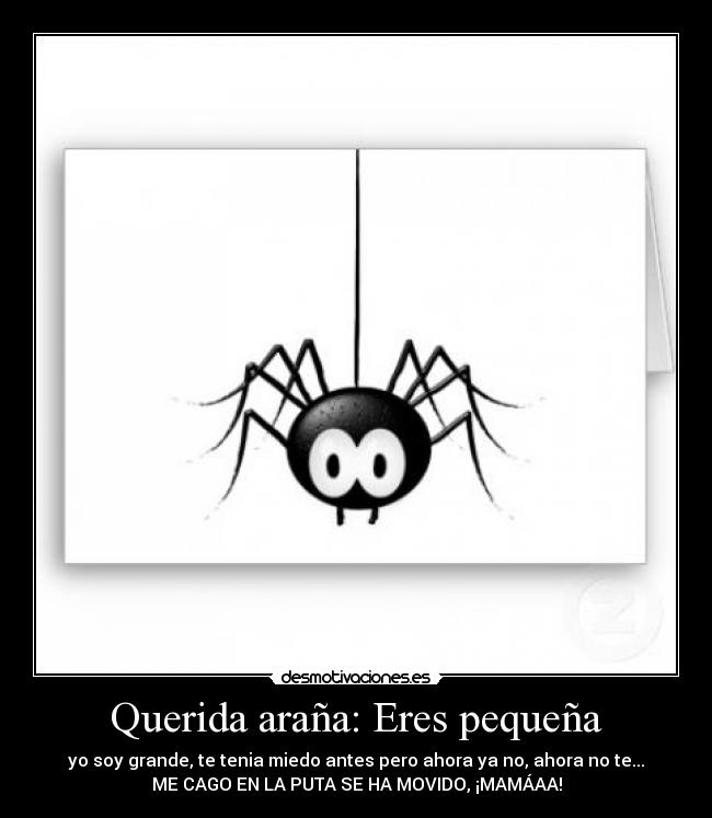 Querida araña: Eres pequeña - yo soy grande, te tenia miedo antes pero ahora ya no, ahora no te...
ME CAGO EN LA PUTA SE HA MOVIDO, ¡MAMÁAA!