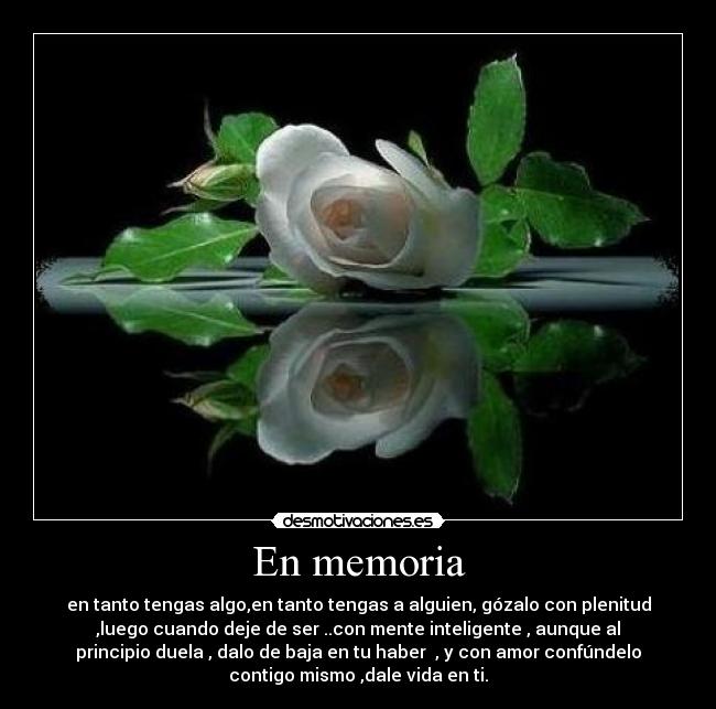 En memoria - en tanto tengas algo,en tanto tengas a alguien, gózalo con plenitud
,luego cuando deje de ser ..con mente inteligente , aunque al
principio duela , dalo de baja en tu haber , y con amor confúndelo
contigo mismo ,dale vida en ti.