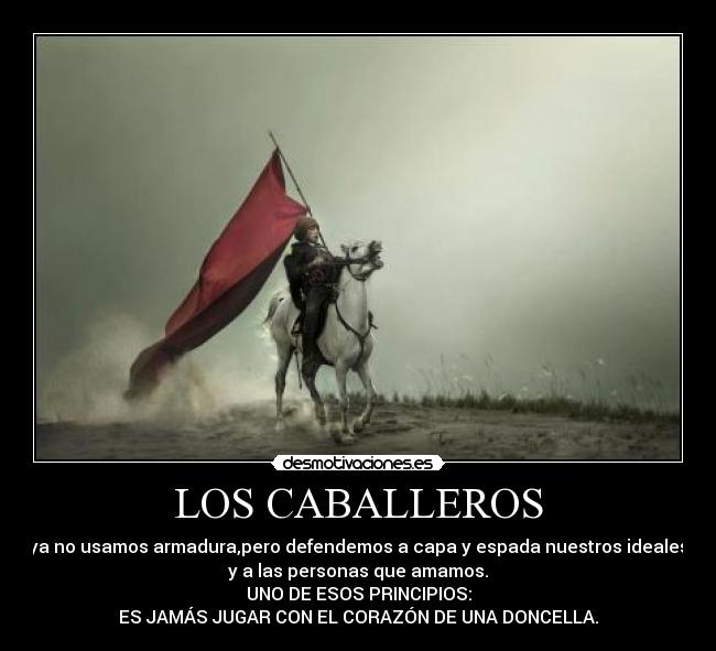 LOS CABALLEROS - ya no usamos armadura,pero defendemos a capa y espada nuestros ideales
y a las personas que amamos.
UNO DE ESOS PRINCIPIOS:
ES JAMÁS JUGAR CON EL CORAZÓN DE UNA DONCELLA.