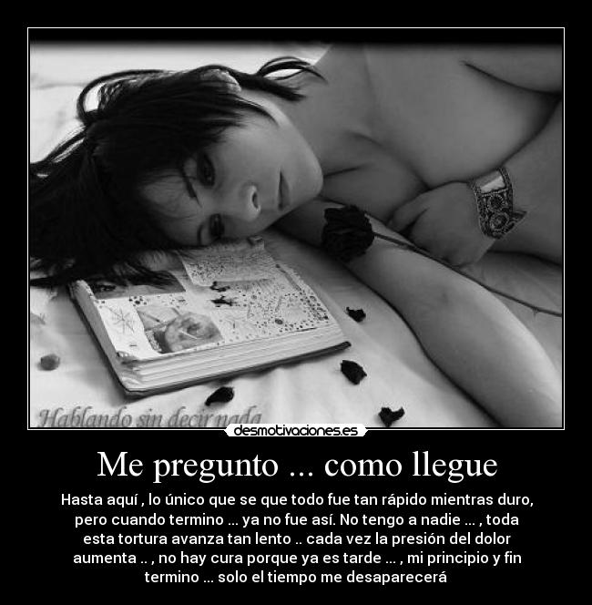 Me pregunto ... como llegue - Hasta aquí , lo único que se que todo fue tan rápido mientras duro,
pero cuando termino ... ya no fue así. No tengo a nadie ... , toda
esta tortura avanza tan lento .. cada vez la presión del dolor
aumenta .. , no hay cura porque ya es tarde ... , mi principio y fin
termino ... solo el tiempo me desaparecerá