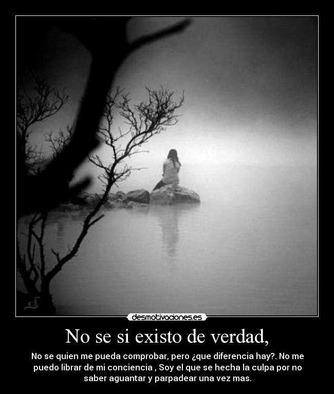 No se si existo de verdad, - No se quien me pueda comprobar, pero ¿que diferencia hay?. No me
puedo librar de mi conciencia , Soy el que se hecha la culpa por no
saber aguantar y parpadear una vez mas.