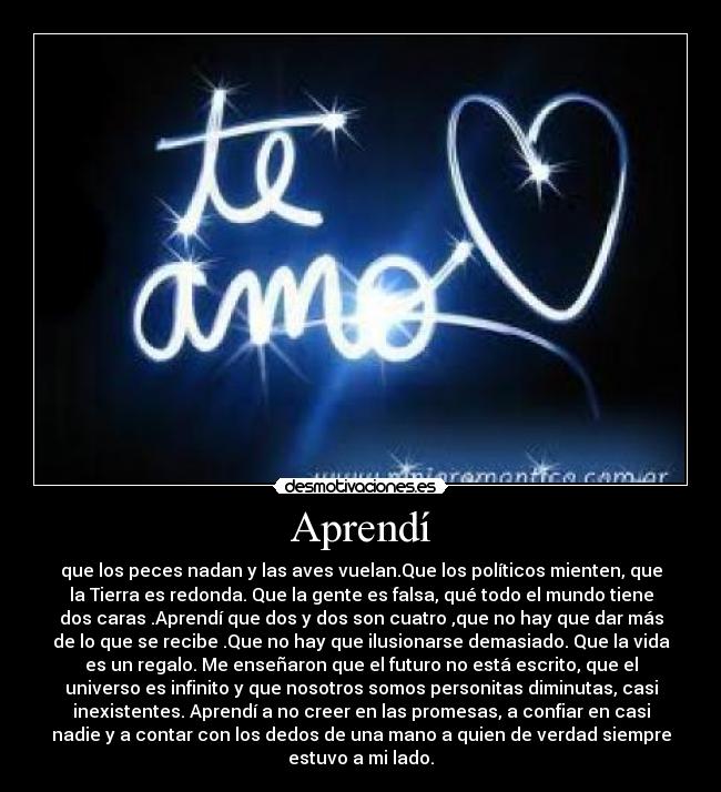 Aprendí - que los peces nadan y las aves vuelan.Que los políticos mienten, que
la Tierra es redonda. Que la gente es falsa, qué todo el mundo tiene
dos caras .Aprendí que dos y dos son cuatro ,que no hay que dar más
de lo que se recibe .Que no hay que ilusionarse demasiado. Que la vida
es un regalo. Me enseñaron que el futuro no está escrito, que el
universo es infinito y que nosotros somos personitas diminutas, casi
inexistentes. Aprendí a no creer en las promesas, a confiar en casi
nadie y a contar con los dedos de una mano a quien de verdad siempre
estuvo a mi lado.