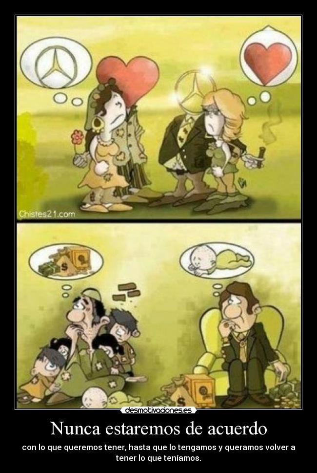 Nunca estaremos de acuerdo - con lo que queremos tener, hasta que lo tengamos y queramos volver a
tener lo que teníamos.
