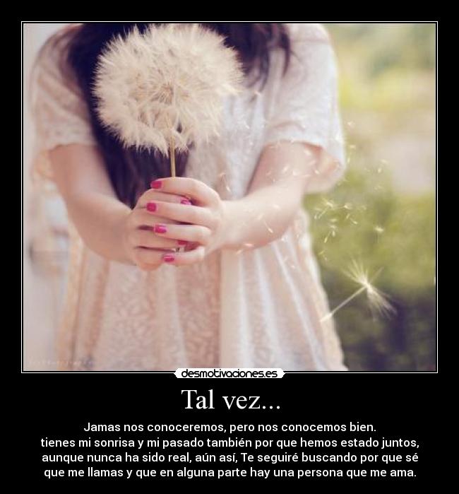 Tal vez... - Jamas nos conoceremos, pero nos conocemos bien.
tienes mi sonrisa y mi pasado también por que hemos estado juntos,
aunque nunca ha sido real, aún así, Te seguiré buscando por que sé
que me llamas y que en alguna parte hay una persona que me ama.