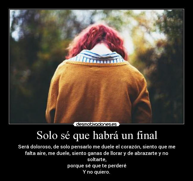 Solo sé que habrá un final - Será doloroso, de solo pensarlo me duele el corazón, siento que me
falta aire, me duele, siento ganas de llorar y de abrazarte y no
soltarte,
porque sé que te perderé
Y no quiero.